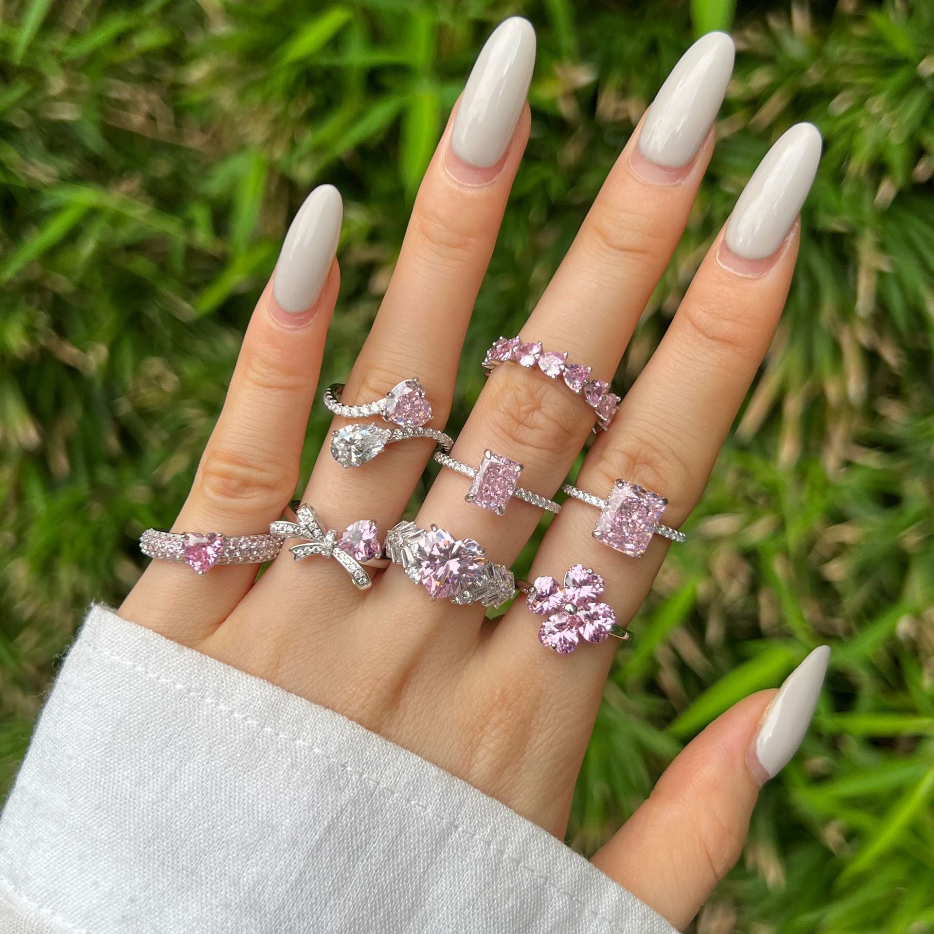 Wholesale S925 Sterling Silver Lucky Four-leaf Clover Bow Heart Pink Ring